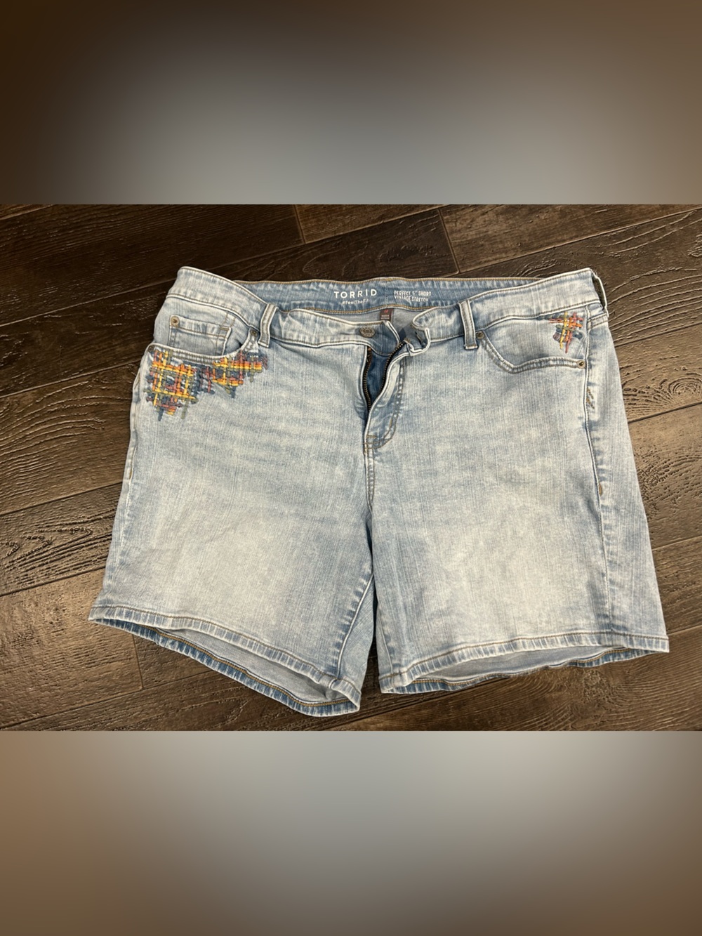 Light Wash Denim Shorts with Multicolor Embroidery